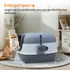A cat litter box with a cat sitting next to it, with dimensions indicated on the image. Anteprima dell’immagine prodotto