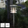 A solar-powered path light is shown in a garden setting, illuminated at dusk. Produktbild-Vorschau