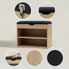 A collage of images showing a shoe cabinet with a seat, highlighting its features and materials. Podgląd zdjęcia produktu