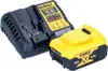 A DeWalt battery charger and battery pack are shown against a white background. Produktbild-Vorschau