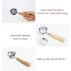 Collage of images showing a coffee portafilter with a wooden handle, highlighting its features. Podgląd zdjęcia produktu