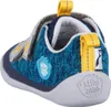 A close-up, angled view of a child's blue knit shoe with yellow accents and a penguin graphic. Produktbild-Vorschau