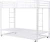 A white metal bunk bed with a pull-out trundle bed underneath, shown against a white background. Voir les images du produit