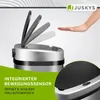 A hand is shown approaching a sensor trash can, demonstrating its automatic opening feature. The product is shown in a studio setting with marketing text and a logo. Náhled obrázku produktu