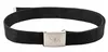 A black fabric belt with a silver buckle is shown against a white background. Produktbild-Vorschau
