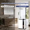 A split image showing a bathroom with mold and condensation on the left, and a clean, modern bathroom with a dehumidifier on the right. Anteprima dell’immagine prodotto