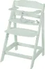 A mint green wooden high chair with a safety harness. Náhled obrázku produktu