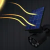A solar-powered security light with a solar panel, shown against a dark, textured background with stylized light rays emanating from the sun towards the panel. Produktbild-Vorschau
