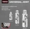 Three universal joints of different sizes are displayed on a gray background, with text describing their features and sizes. Produktbild-Vorschau