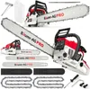 A collage of a chainsaw and its accessories, including extra chains and guide bars. Podgląd zdjęcia produktu