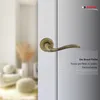 A close-up of a bronze door handle on a white door, with a blurred background of a room interior and text overlay. Produktbild-Vorschau