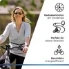A woman is riding an electric bicycle outdoors, with marketing text and icons on the right side of the image. Anteprima dell’immagine prodotto
