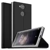 A black flip case for a Sony Xperia XA2 smartphone is shown open, with the phone inside displaying the time. Podgląd zdjęcia produktu