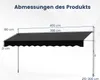 A diagram showing the dimensions of a black awning with support poles. Náhled obrázku produktu