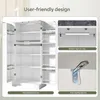 A white cabinet with its doors open, showcasing its interior shelves, with callouts highlighting features like adjustable shelves, a sensor light, and an anti-tipping device. Náhľad obrázku produktu