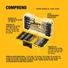 A set of screwdrivers and bits laid out in a yellow case, with labels pointing to different parts. Produktbild-Vorschau