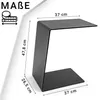 A black C-shaped side table with dimensions indicated by measurement lines and text. Produktbild-Vorschau