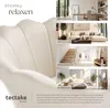 A collage of interior design images showcasing different rooms, with a large close-up of a cream-colored armchair in the foreground. Produktbild-Vorschau