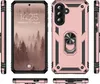 Multiple views of a rose gold phone case with a ring holder, including a front view showing a phone screen with a forest wallpaper. Produktbild-Vorschau