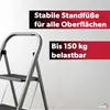 A close-up of a gray stepladder with text overlays highlighting its features. Produktbild-Vorschau