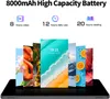 A tablet displaying multiple colorful wallpapers, with text overlay highlighting battery life. Produktbild-Vorschau