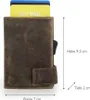 A brown leather cardholder with cards inserted, showing dimensions. Produktbild-Vorschau