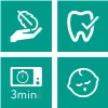 A collage of four icons representing product features: a hand holding a feather, a tooth with a checkmark, a microwave with a timer showing 3 minutes, and a sleeping baby. Voir les images du produit