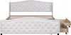 A white upholstered bed frame with tufted detailing and two open drawers on the right side, shown against a white background. Náhled obrázku produktu