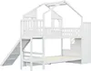 A white bunk bed with a house-like frame, slide, and stairs, isolated on a white background. Produktbild-Vorschau