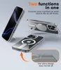 Multiple views of a clear iPhone case with a built-in kickstand and MagSafe compatibility, presented against a light gray background. Náhled obrázku produktu