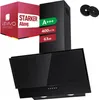 A black kitchen range hood is displayed with marketing information and accessories. Produktbild-Vorschau
