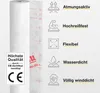 A roll of white building material is shown next to icons and text describing its features. Produktbild-Vorschau