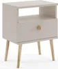 A modern beige nightstand with wooden legs and a single drawer. Podgląd zdjęcia produktu