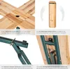 A collage of four images showing details of a wooden standing table with a green metal frame. Produktbild-Vorschau