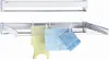 Two wall-mounted drying racks against a white background. The top rack is retracted and empty. The bottom rack is extended and has clothes hanging on it. Produktbild-Vorschau