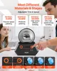 A man and a girl are looking at a VEVOR electric polishing machine on a table. The machine is black with orange accents and has a silver drum on top. There are text overlays describing the machine's features and settings. Náhled obrázku produktu