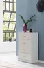 A white high-gloss chest of drawers with a purple vase and plants on top, placed in a room with a blue wall and a large window. Produktbild-Vorschau