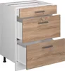 A three-drawer kitchen cabinet unit with a wood-effect front and white sides, shown with the drawers slightly open. Produktbild-Vorschau