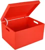 A bright red wooden storage box with its lid open, shown against a white background. Produktbild-Vorschau