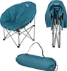 A teal camping chair is shown in its open, folded, and bagged states. Produktbild-Vorschau