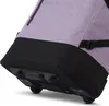 Close-up view of the bottom and wheels of a purple and black rolling suitcase. Podgląd zdjęcia produktu