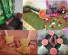 A collage of images showcasing different nature-themed room decor and seating arrangements, featuring cushions and rugs. Produktbild-Vorschau