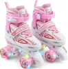 A pair of pink and white roller skates with LED lights on the wheels, shown from a slightly angled front view against a white background. Produktbild-Vorschau