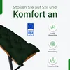 A dark green bench cushion on a wooden bench, with marketing text and icons. Produktbild-Vorschau