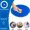 A collage of images showcasing a blue gel cushion and its uses. Produktbild-Vorschau