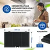 A woman is cooking in a kitchen, with a diagram of a filter and its dimensions shown below. Produktbild-Vorschau