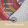 Close-up view of colorful patterned fabric and gray patterned fabric, with text overlays highlighting features and product type. Produktbild-Vorschau