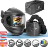 A welding helmet, a PAPR unit, and a duffel bag are displayed together, with various feature icons and text overlays. Produktbild-Vorschau