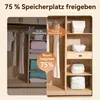 A split image showing a closet before and after using vacuum storage bags, demonstrating space-saving. The left side shows clothes and bedding loosely stored, while the right side shows compressed items in vacuum bags, freeing up significant space. Produktbild-Vorschau