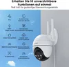 A security camera mounted on a wall with a blue sky background and feature icons. Produktbild-Vorschau